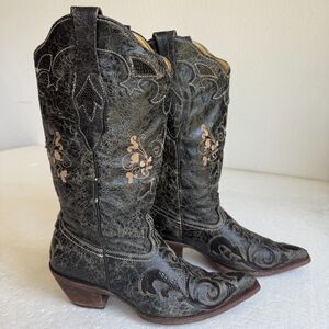 Corral Cowboy Boots Western Women's Black Leather Lizard Inlay Boho Size 8M